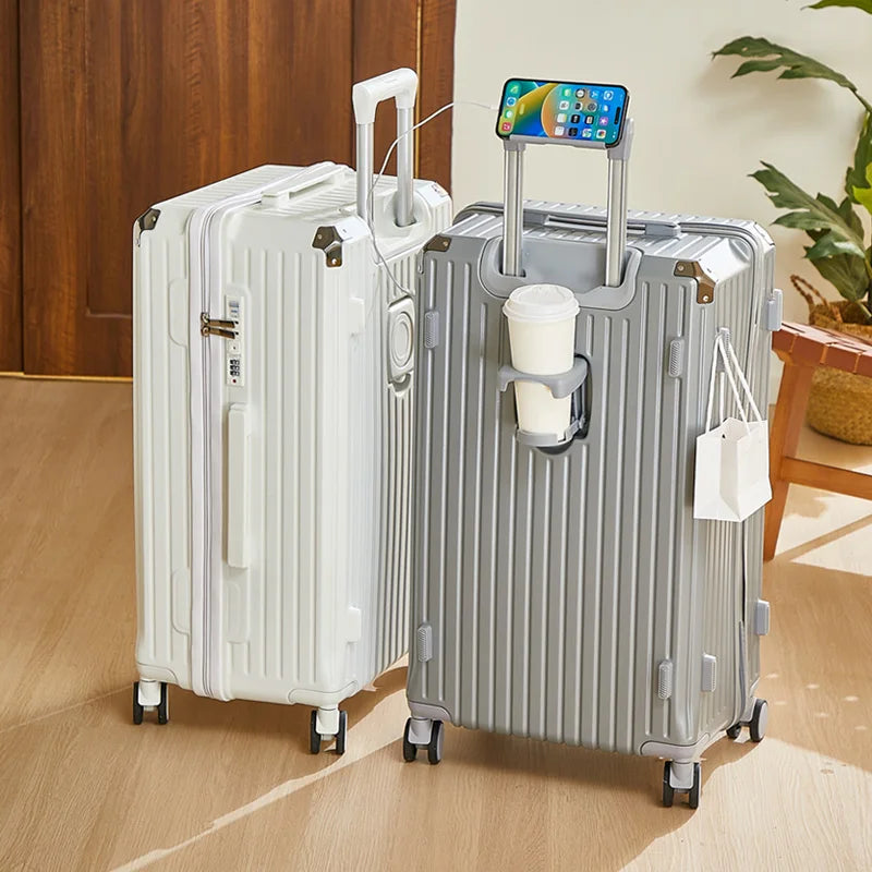 Large Capacity 20-26 Inch Rolling Luggage with Cup Holder Travel Bag Convenien Mobile Phone Stand Simple Travel Rolling Suitcase