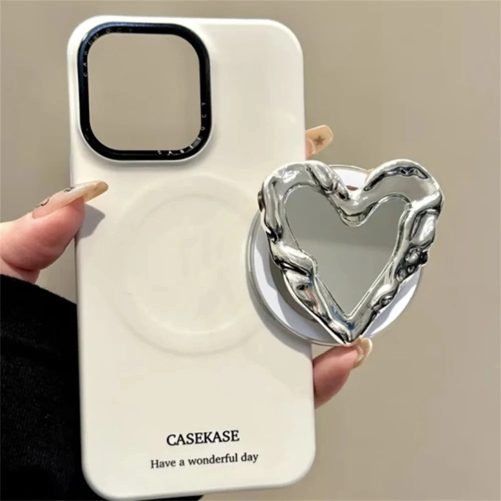 Pleated Silver Love Heart Mirror Magnetic Holder Griptok Phone Stand Holder Support For IPhone 17 16 For Pad Magsafe Smart Tok