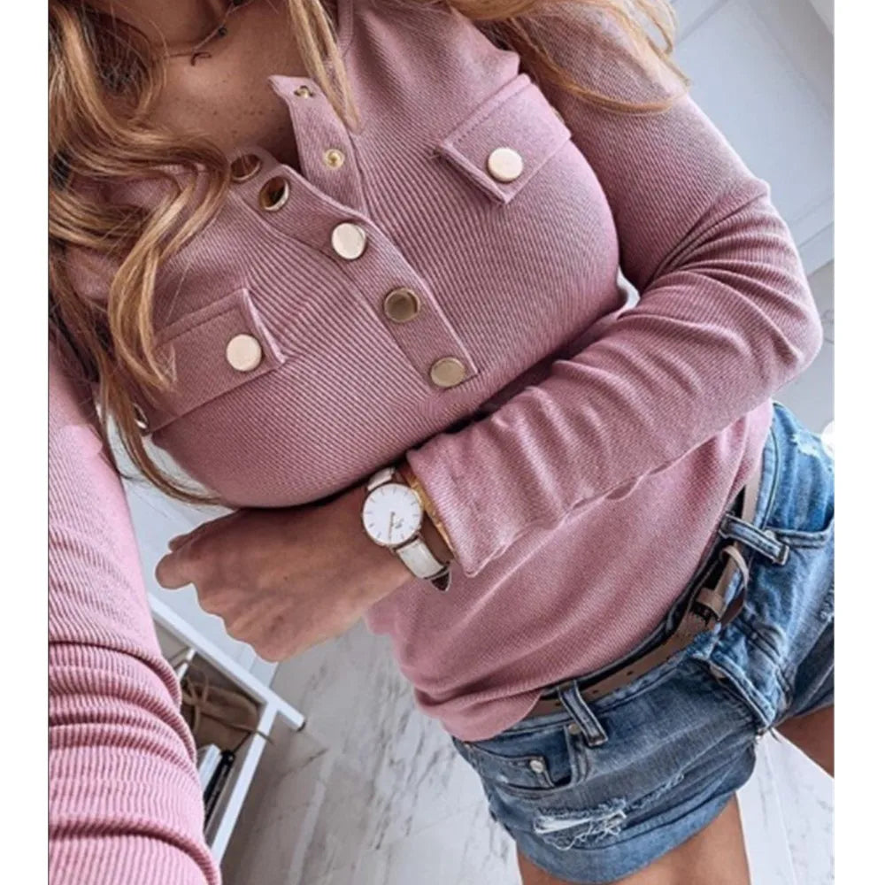 Autumn Women's Knitted Long-sleeved T Shirt Tops Fashion Semi O Neck Button Solid Color Female Casual Versatile Bottoming Tops