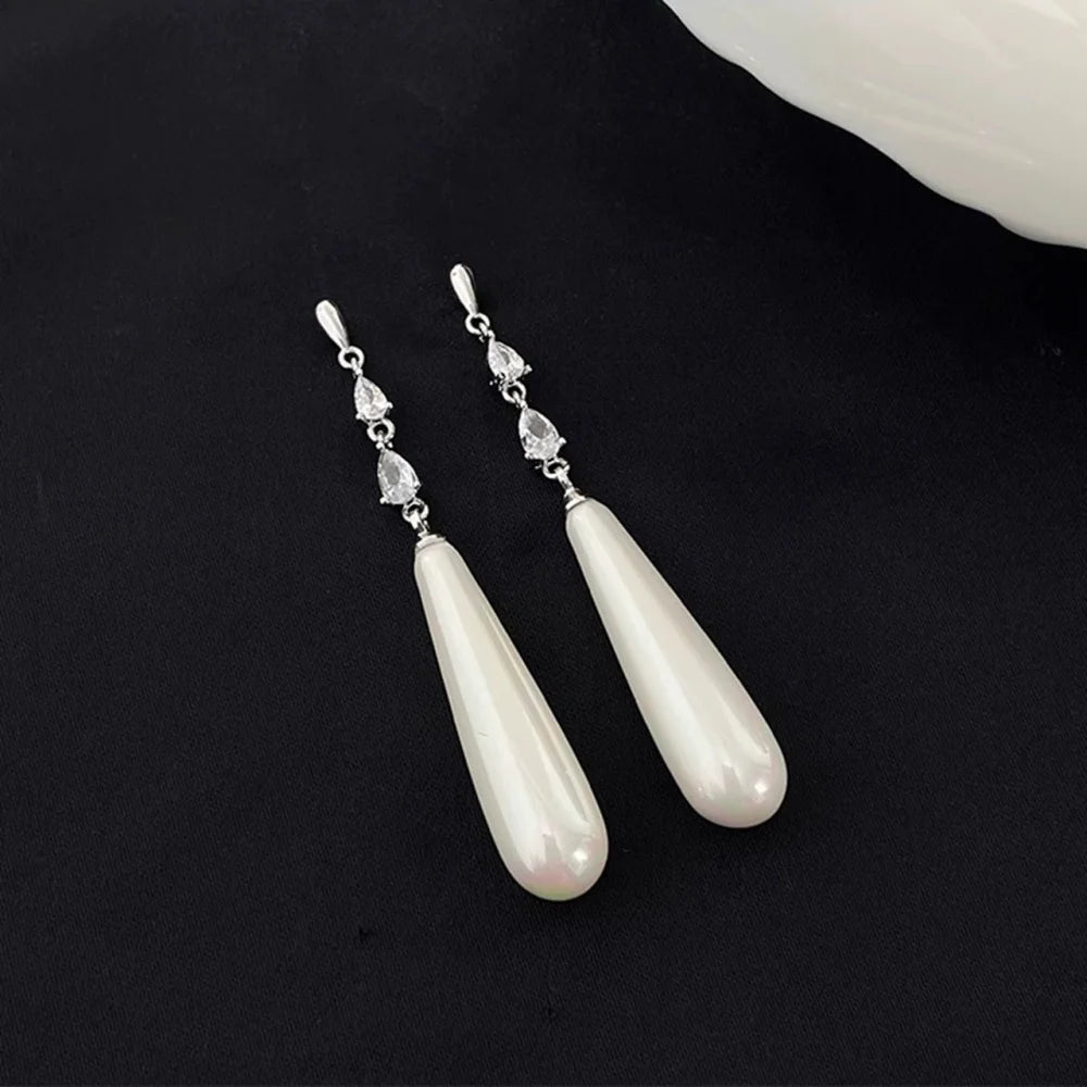 Geometric Zircon Simulated-pearl Water Drop Pendant Women's Earrings Classic Trendy Style Versatile Chinese Style Jewelry Gift