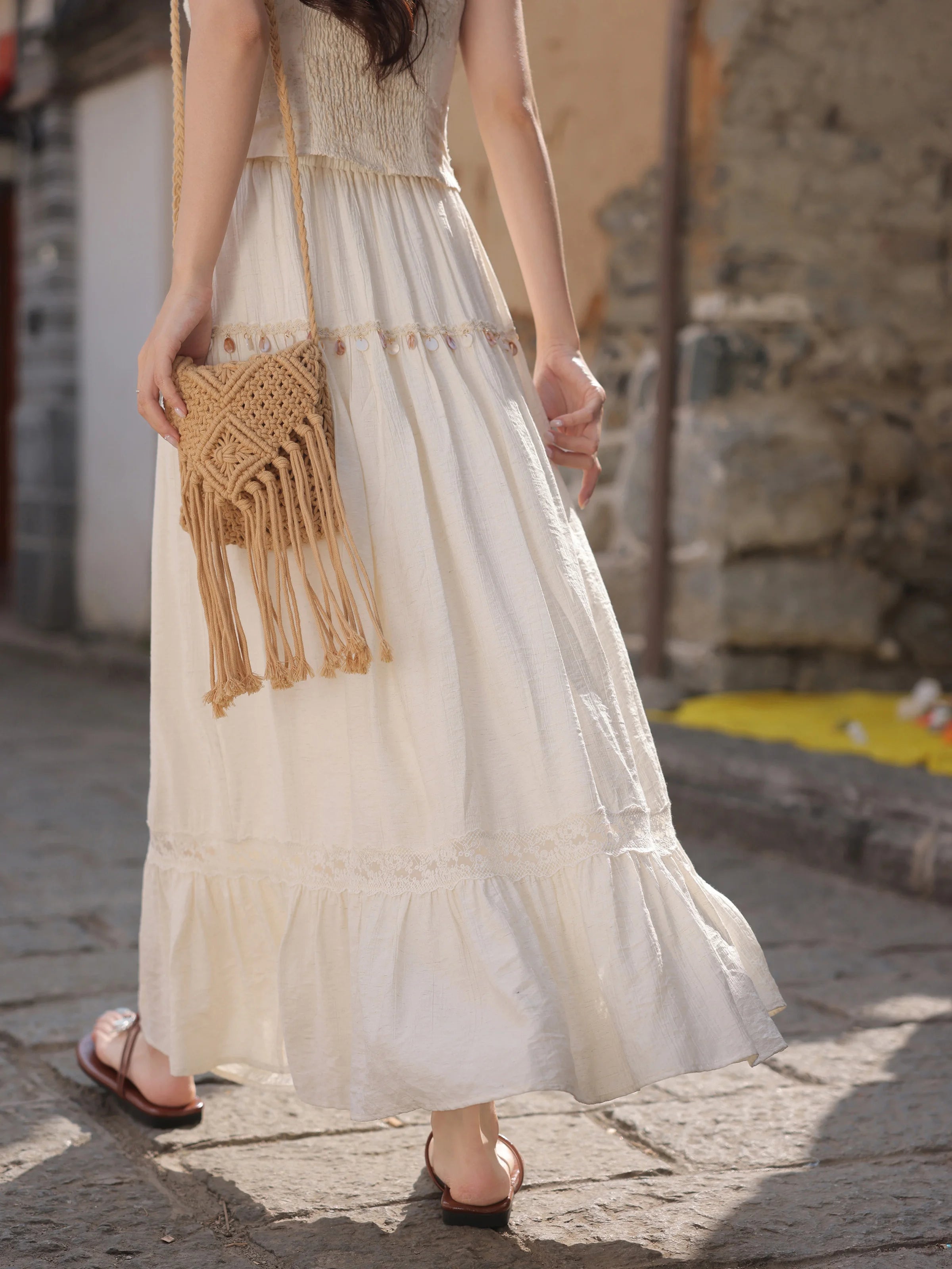 White Lace Three-Piece Set Spring Summer Slim Fit V-Neck Lace Cami Top High-Waisted A-Line Maxi Skirt Chic Red Fashion Shirt