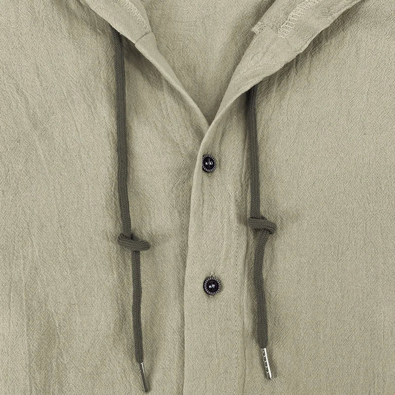 Men's solid color casual shirt, hooded drawstring cotton and linen cardigan, trendy and versatile loose beach T-shirt