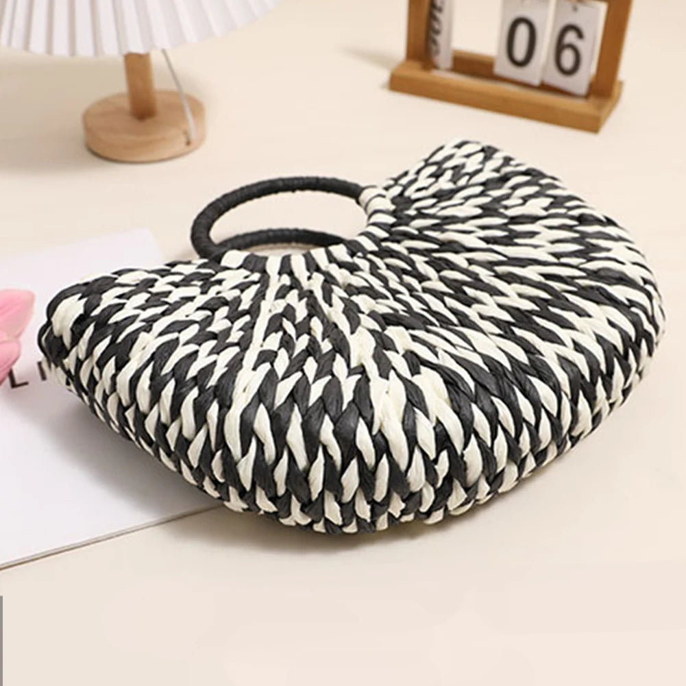 Women Straw Tote Handbag Large Capacity Semi-Circle Woven Bag Color Clash Semicircle Weaving Bag Summer Beach Handbag