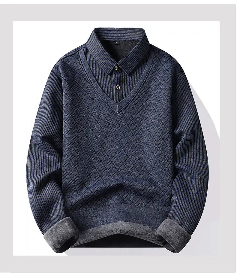 Winter Warm Thick Pullovers Men Polo Neck Fake Two Pieces Sweaters Fashion Casual Striped Fleece Lined Jumper Knitting Sweaters