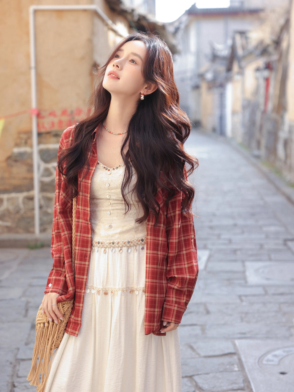 White Lace Three-Piece Set Spring Summer Slim Fit V-Neck Lace Cami Top High-Waisted A-Line Maxi Skirt Chic Red Fashion Shirt