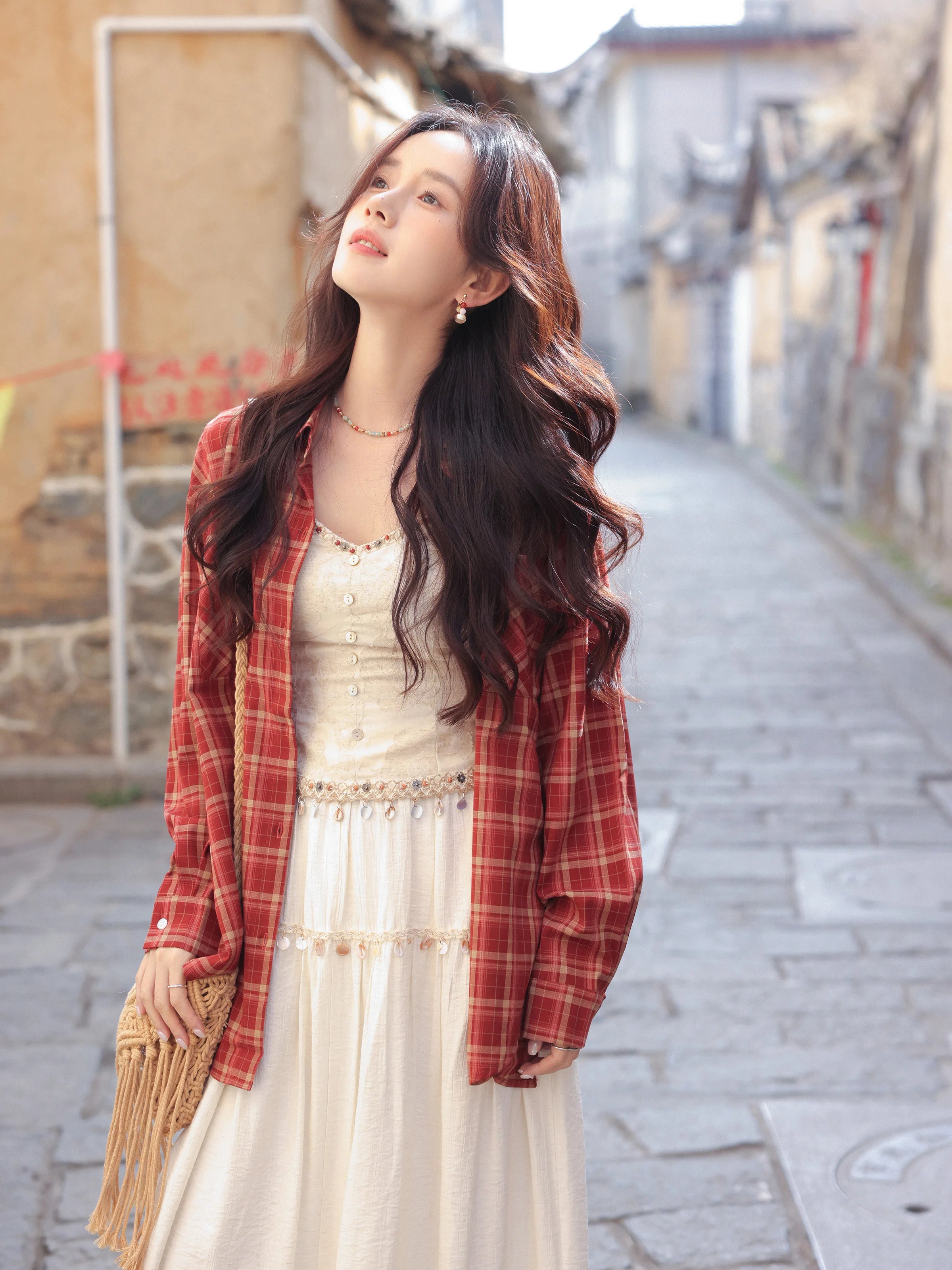 White Lace Three-Piece Set Spring Summer Slim Fit V-Neck Lace Cami Top High-Waisted A-Line Maxi Skirt Chic Red Fashion Shirt