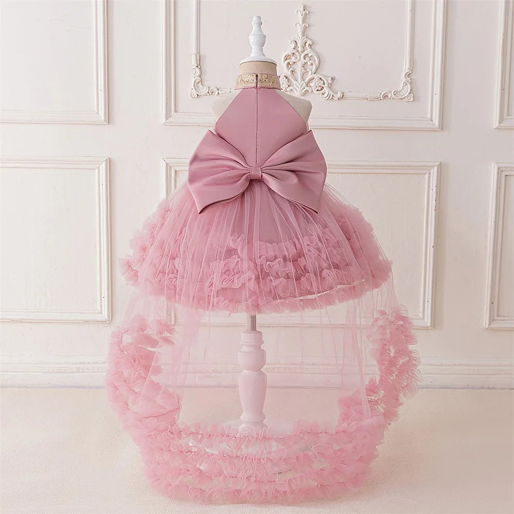 Trailing Big Bow Party Baby Girls Dresses Sequin Baptism Bridesmaid Costume Toddler Birthday Princess Dress Wedding Evening Gown