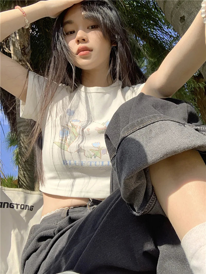 Kawaii Crop Top Summer Women's T-shirt All-match Trendy Fun Printed Casual Slim Korean Cute Tops New Y2K Simple Short Sleeve Tee