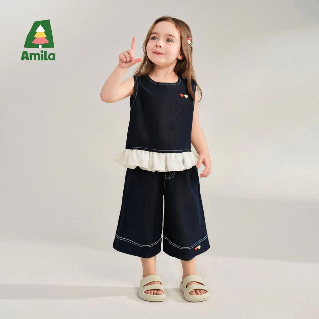 Amila 2026 Girls Summer Set Navy Blue Top Wide Pants 2025 Fashion Heart Embroidery Ruffle Casual Trendy Kids Outfit Sleeveless