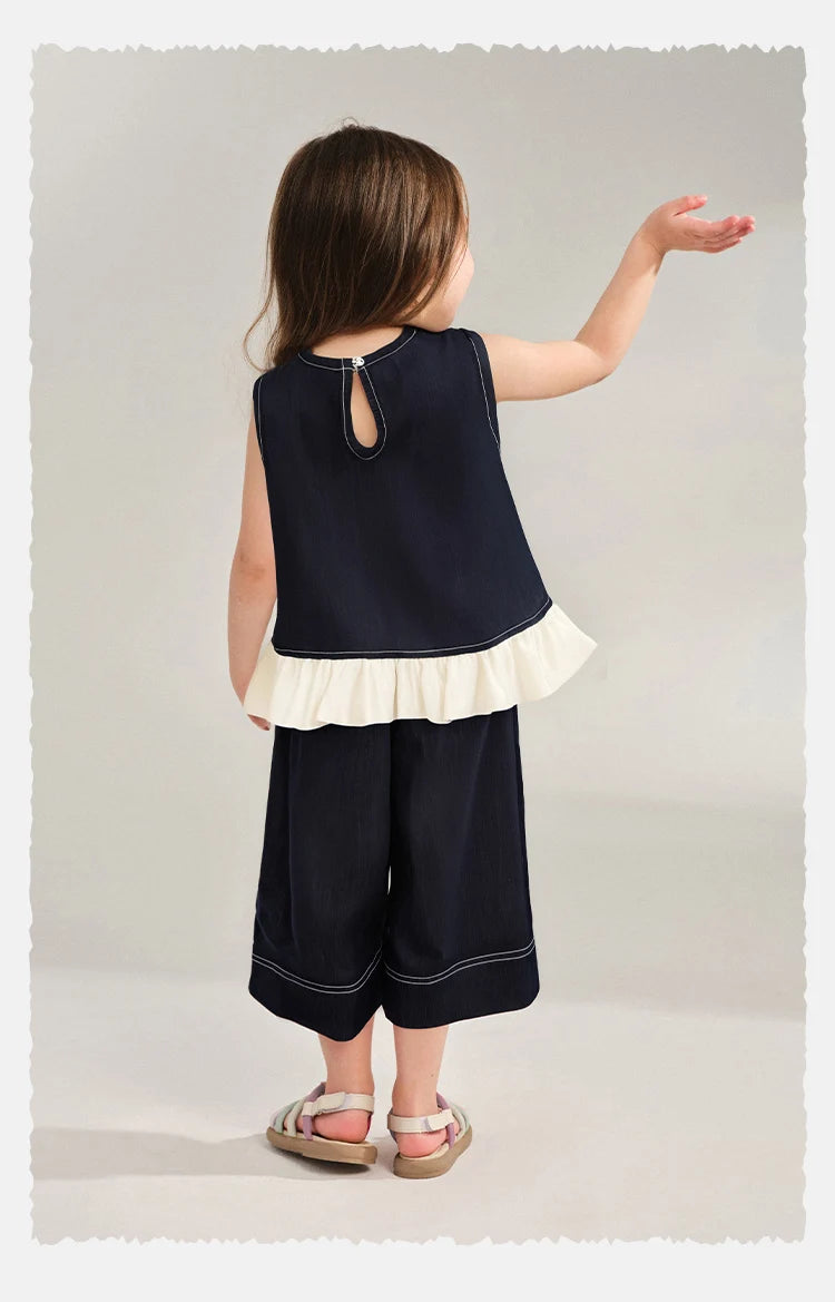 Amila 2026 Girls Summer Set Navy Blue Top Wide Pants 2025 Fashion Heart Embroidery Ruffle Casual Trendy Kids Outfit Sleeveless