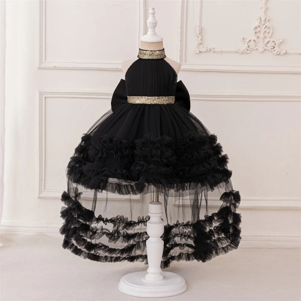 Trailing Big Bow Party Baby Girls Dresses Sequin Baptism Bridesmaid Costume Toddler Birthday Princess Dress Wedding Evening Gown