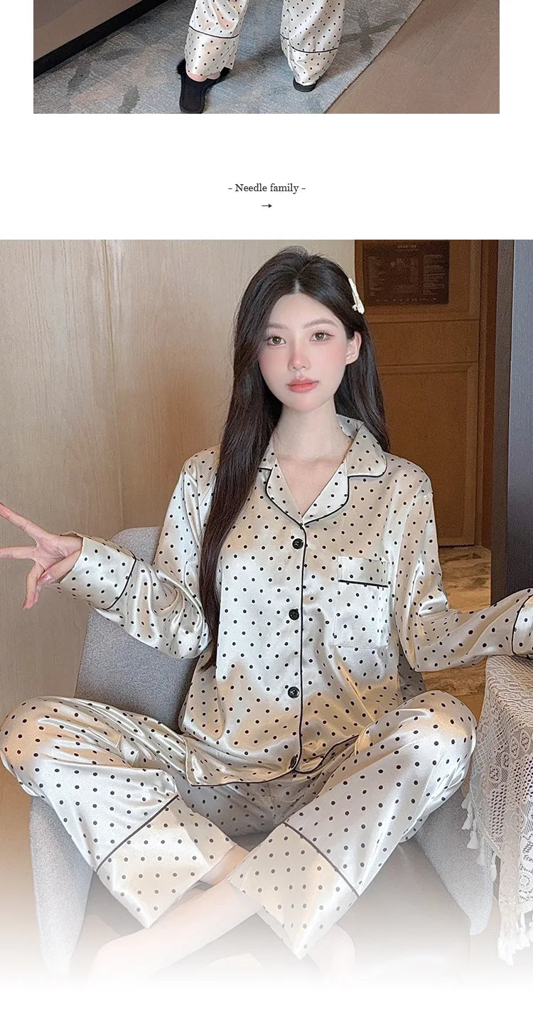 Spring and Autumn Summer Black Polka Dot Ice Silk Pajamas Women's New Long Sleeve Long Pants Net Red Simple Casual Homewear Set