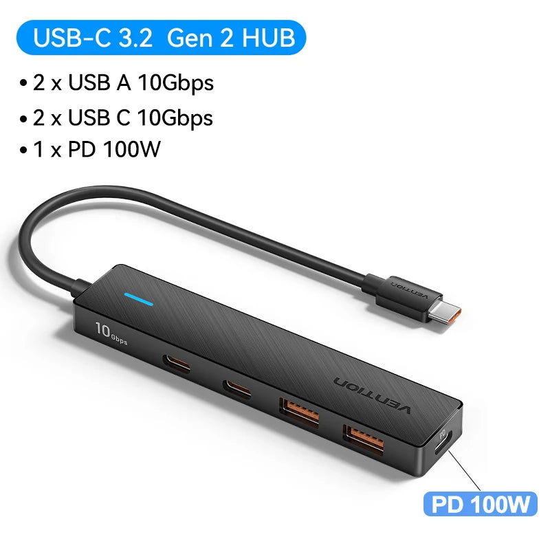 Vention New USB 3.2 Gen2 HUB 10Gbps PD100W Charging USB A Type C 5 Ports Splitter Multiport Adapter for Macbook Pro Air Laptop