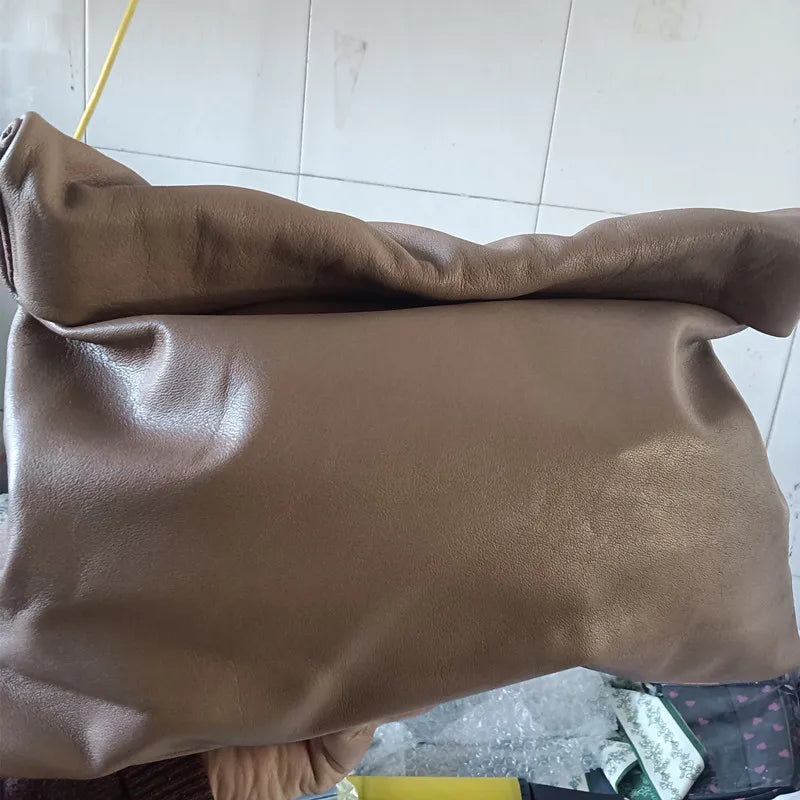 Personality roll-edge leather bag  lazy casual leather soft bag  Phone Women High Quality holding red large bag luxury designer