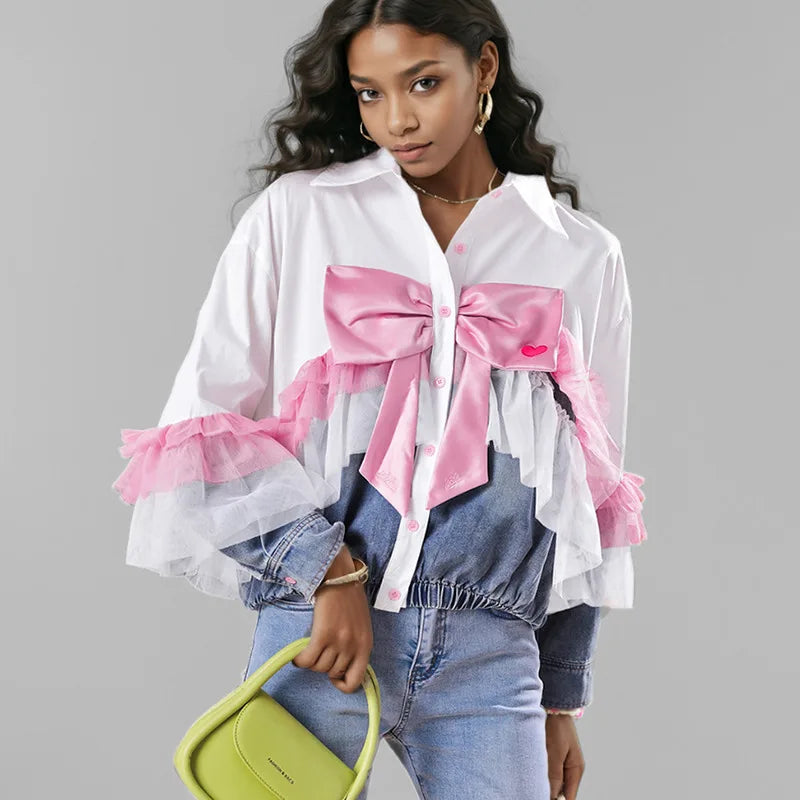 WTHT Fashion Women's Spliced Bows Mesh Edge Denim Jacket 2025 Spring Trendy Lapel Long Sleeves Loose Coat Female 1LS951