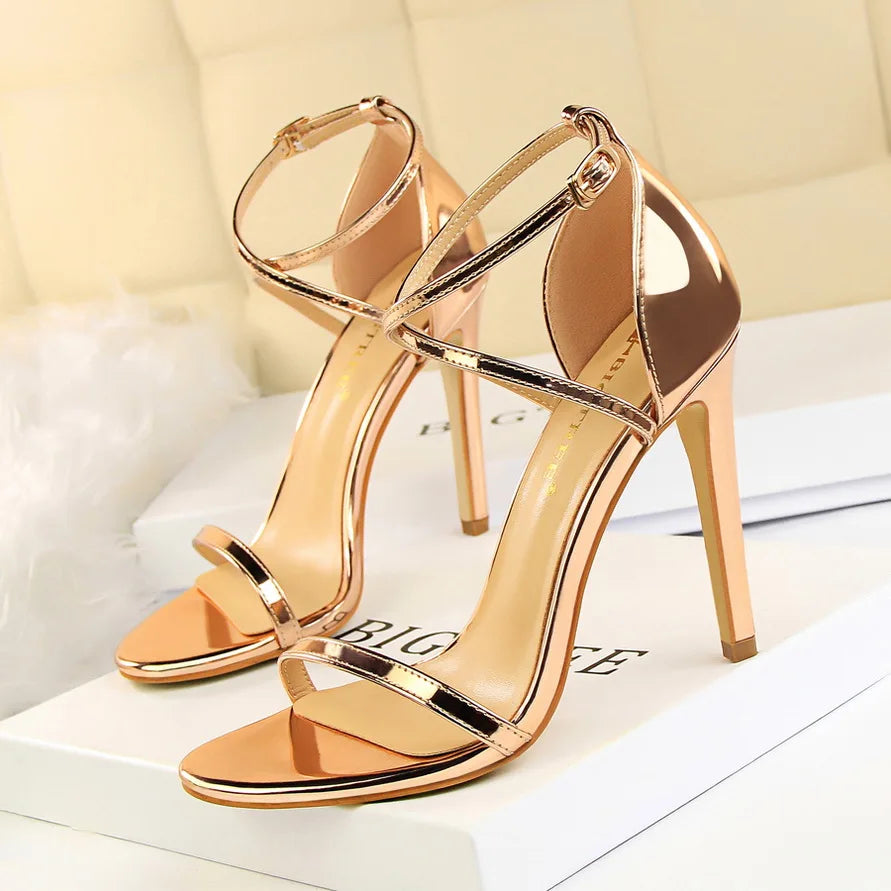 Women Fetish 8cm 11cm High Heels Summer Mid Low Heels Champagne Gold Sandals Roman Pumps Lady Gladiators Stiletto Stripper Shoes