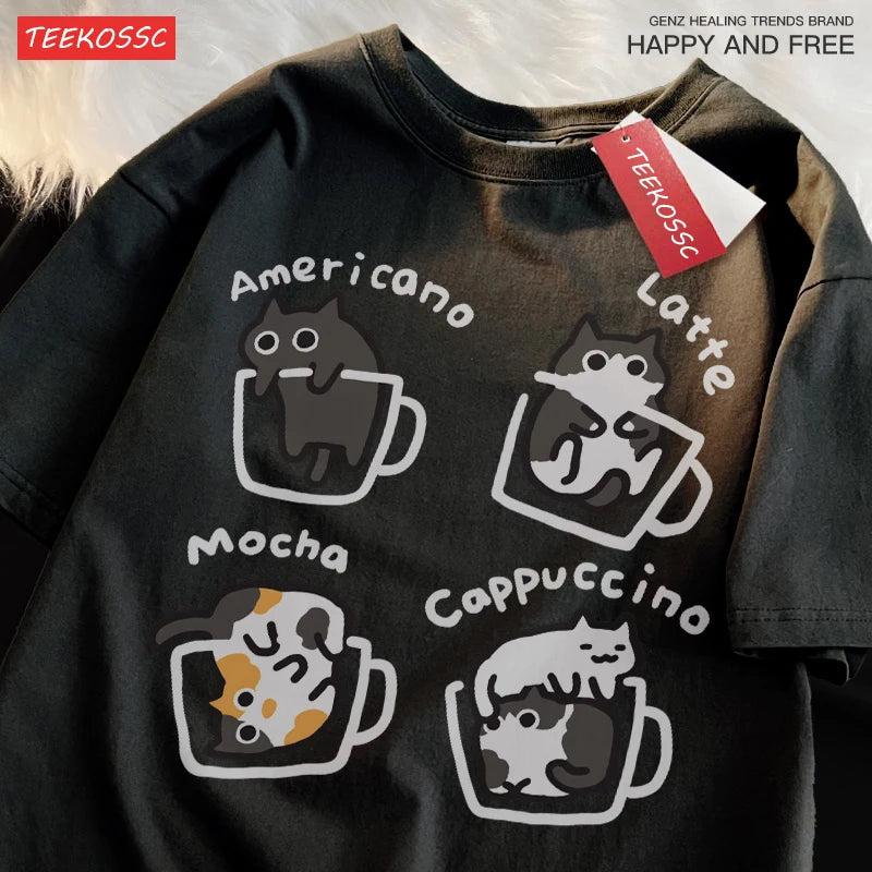 Cat Coffee Pure Cotton Trendy Summer Loose Short Sleeved T-shirt Men Unisex Original Mocha Latte Cat Three Flowers Fun Cat Tees