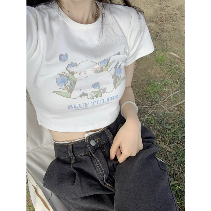 Kawaii Crop Top Summer Women's T-shirt All-match Trendy Fun Printed Casual Slim Korean Cute Tops New Y2K Simple Short Sleeve Tee