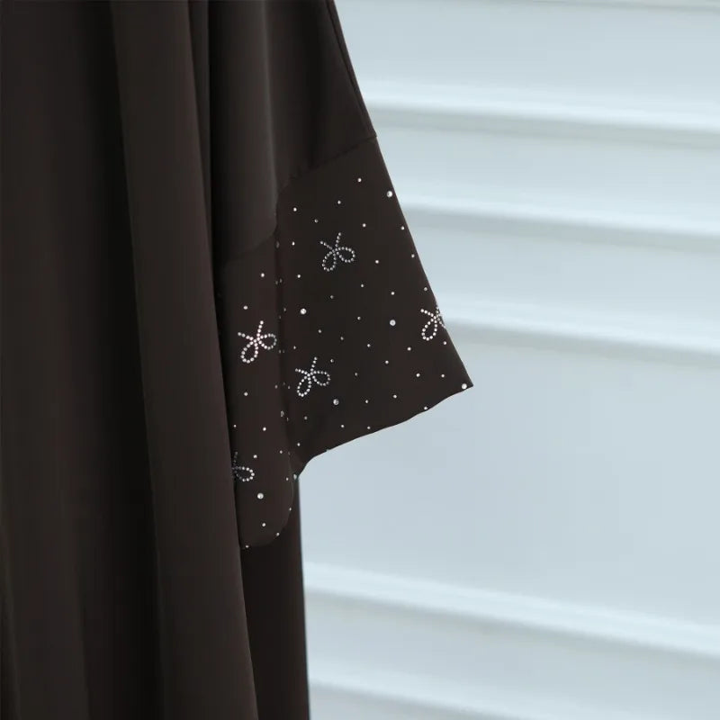 Luxury Dubai Abaya with Beaded Bow Modest Dress for Muslim Women Elegant Open Front Cover Cardigan Fashion Plain Turkey Outfit