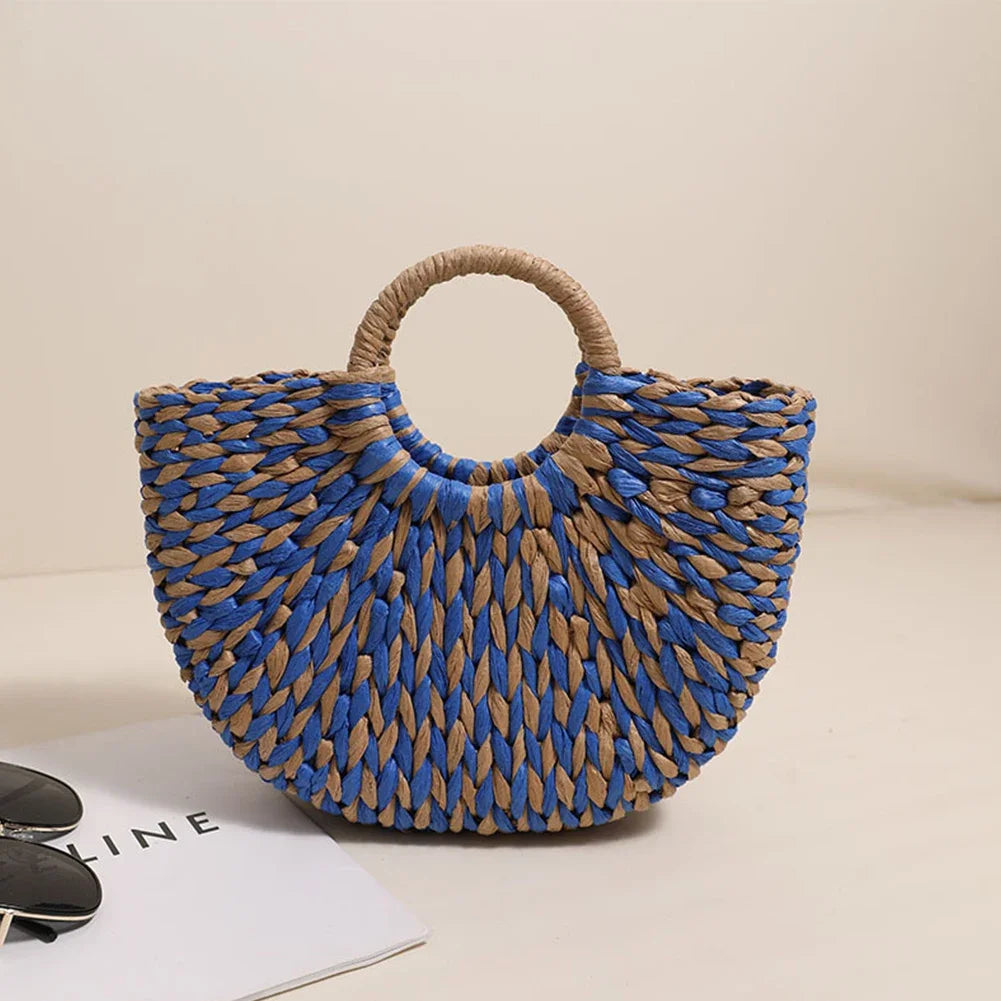 Women Straw Tote Handbag Large Capacity Semi-Circle Woven Bag Color Clash Semicircle Weaving Bag Summer Beach Handbag