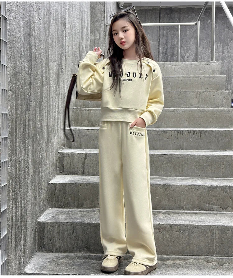2025 teenager Gray girls Sport Suit winter spring Clothes Long Sleeve sweatshirt & wide leg Pant Casual 4 8 10 11 12 Years