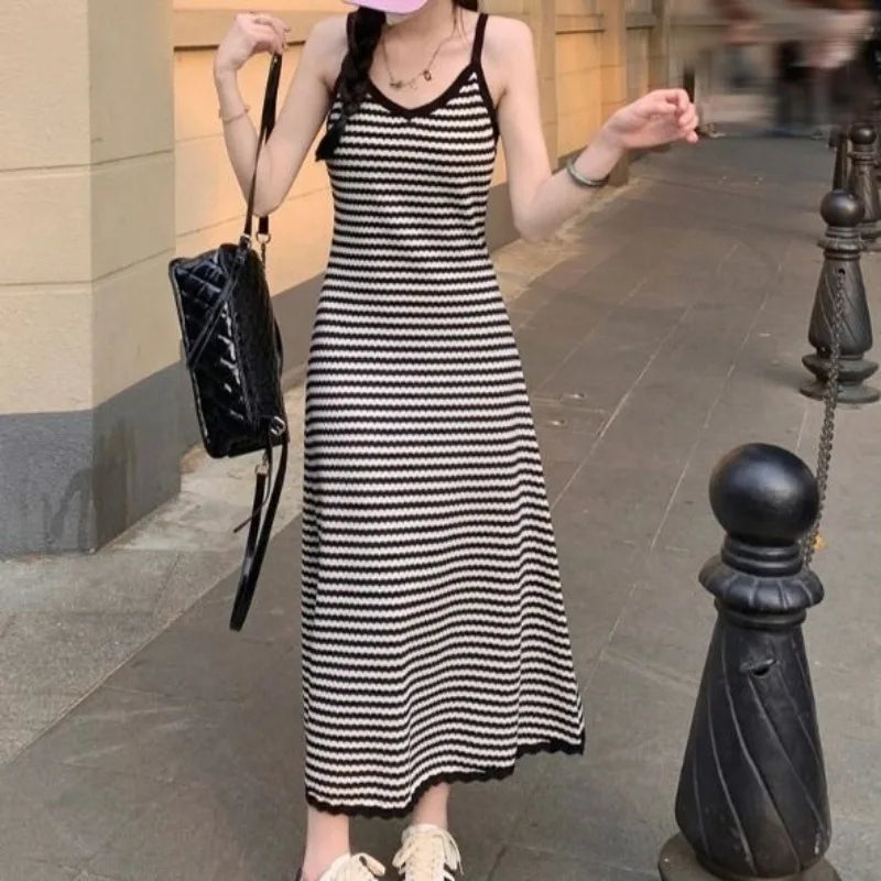 Summer Slimming High Waist V-Ne Wrap Body Lazy Sle Bla Stripe Knitted ter Dr Women Long Dr Trendy
