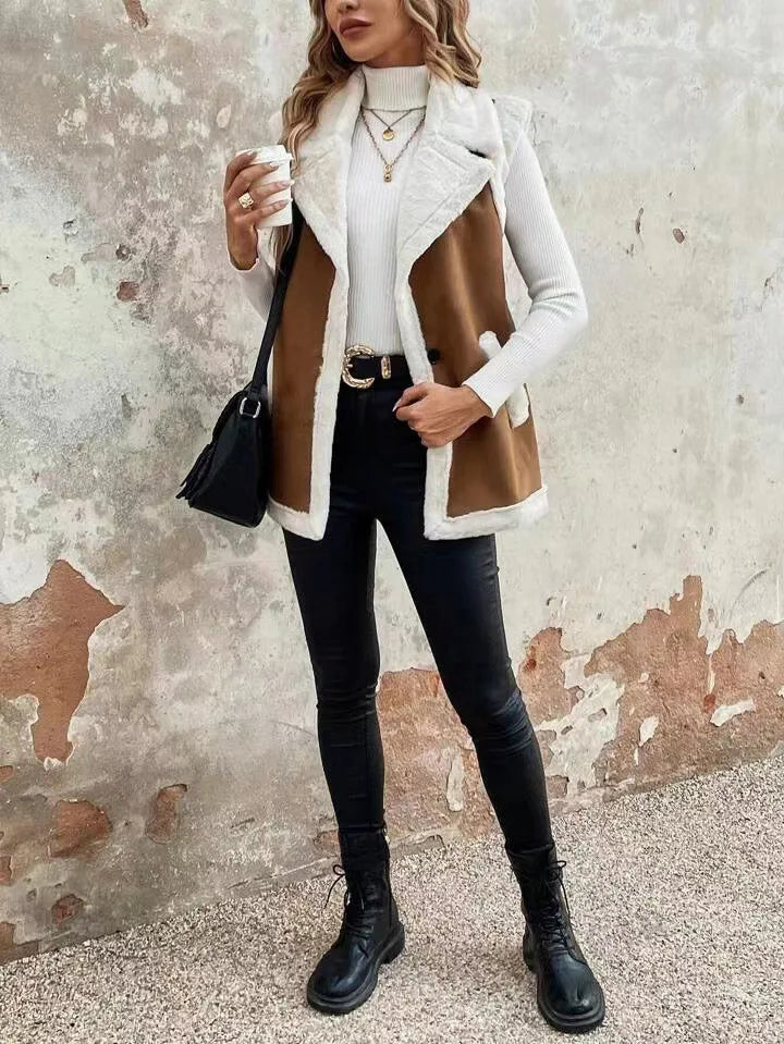 European American Fashion Women’s Color-coded Sleeveless Casual Trendy Loose Turn-down Collar Loose Vests Female Clothes Coats