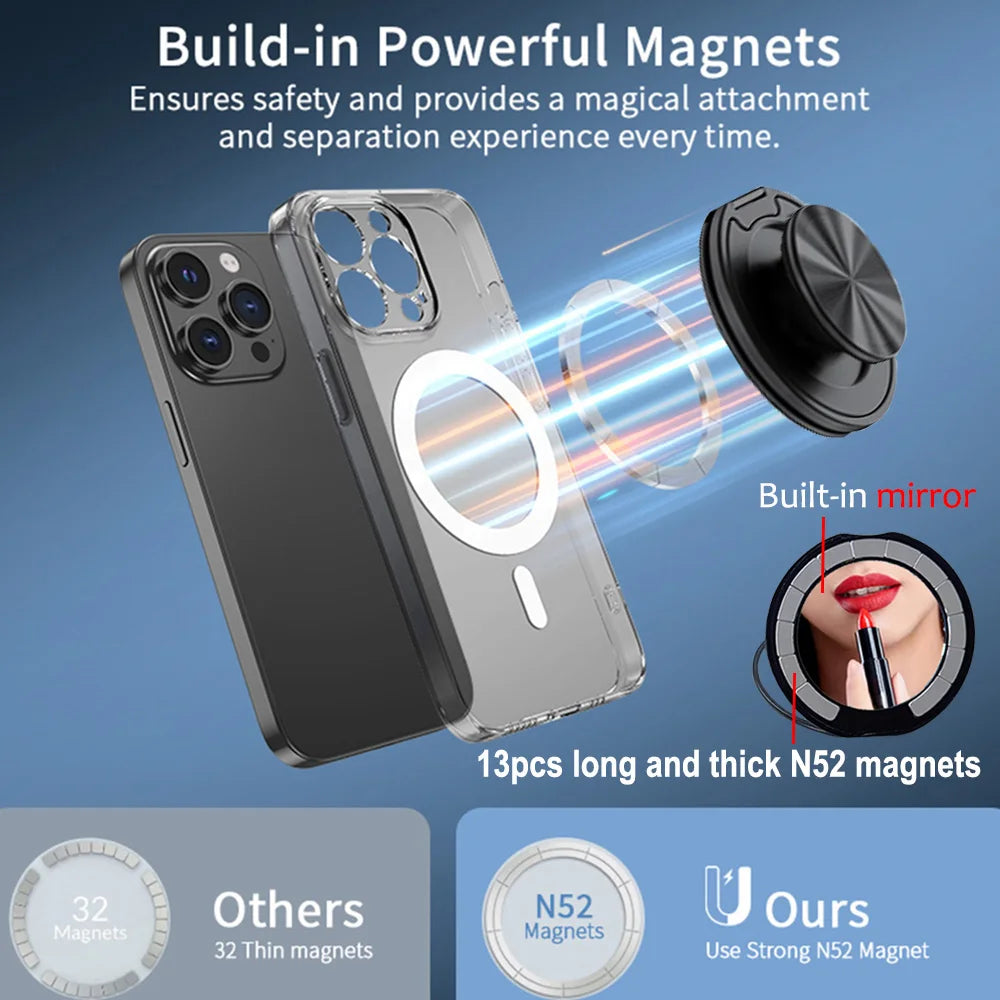 Grippopso Magnetic Suction Phone Mount Built-in Mirror Socket for MagSafe Grip Holder, Adjustable Cell Phone Stand for Desk