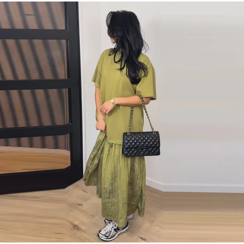 Elegant Women Patchwork Long Dress Short Sleeve O Neck Button A-Line Dresses Spring Summer Vintage Beach Vacation Casual Robes