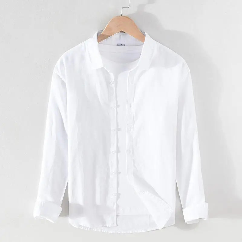 Vintage Men's Long-Sleeve Linen Shirt M-5XL Spring Summer Stand Collar Plain Color Single Breasted Streetwear