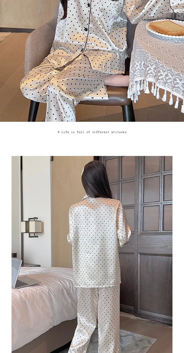 Spring and Autumn Summer Black Polka Dot Ice Silk Pajamas Women's New Long Sleeve Long Pants Net Red Simple Casual Homewear Set