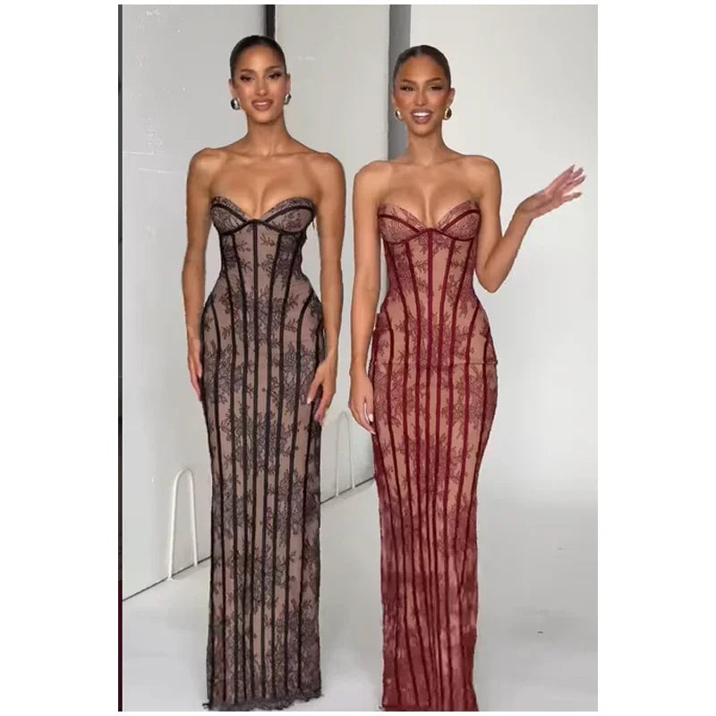 Women Strapless Tulle Fishbone Dress Backless Off Shoulder Printed Patchwork Slim Maxi Dresses 2026 Lady Chic Party Evening Gown