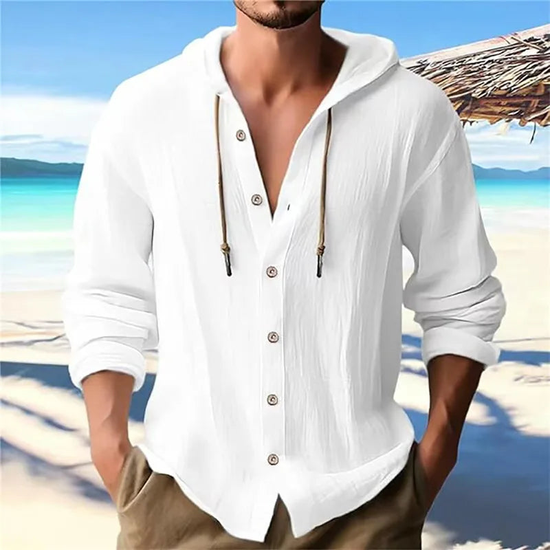 Men's solid color casual shirt, hooded drawstring cotton and linen cardigan, trendy and versatile loose beach T-shirt