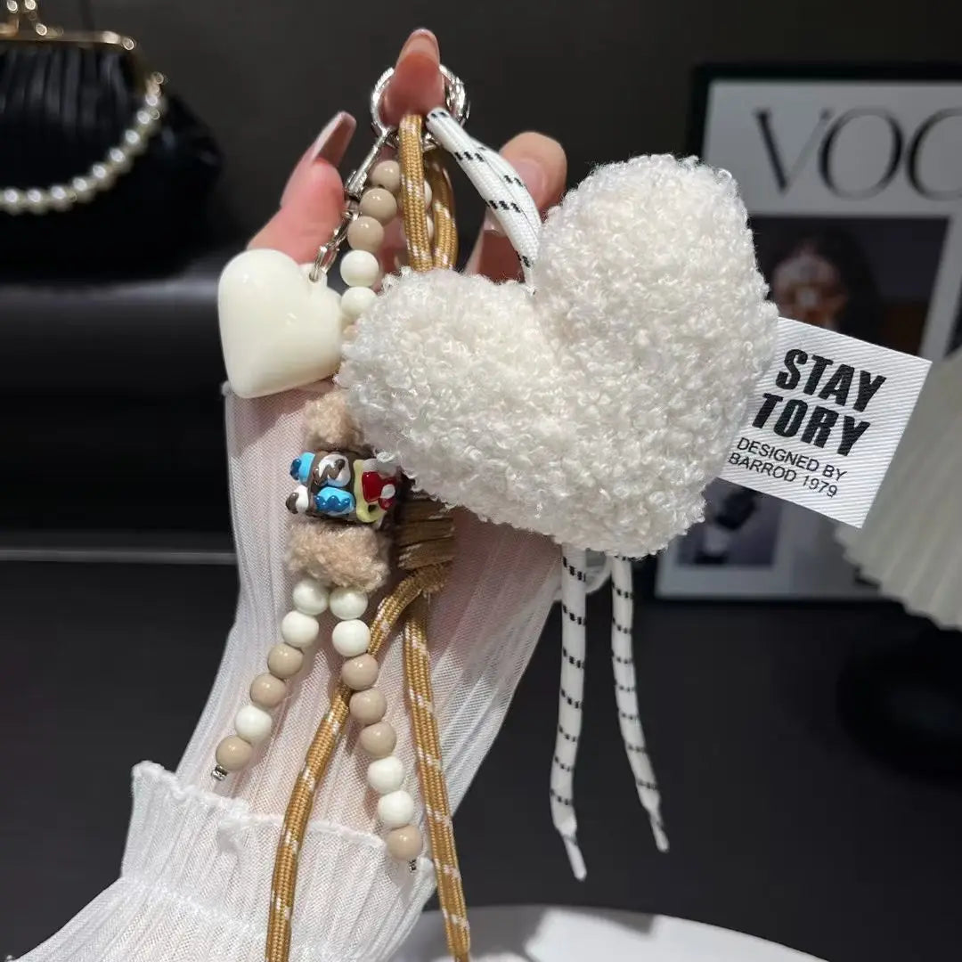 Trendy Fashion Plush Love Beaded Mobile Phone Lanyard High-value Niche Bag Anti-loss Pendant Car Keychain Ornament Chain Ins