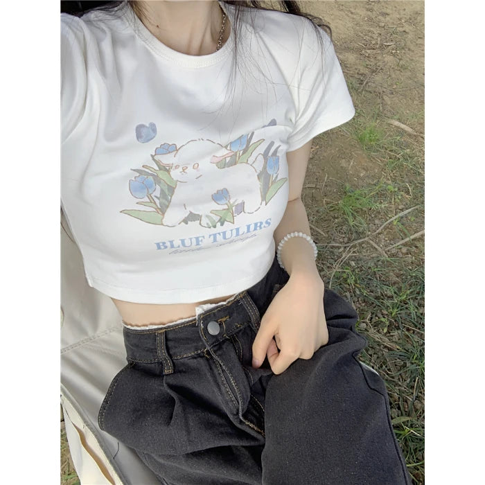 Kawaii Crop Top Summer Women's T-shirt All-match Trendy Fun Printed Casual Slim Korean Cute Tops New Y2K Simple Short Sleeve Tee