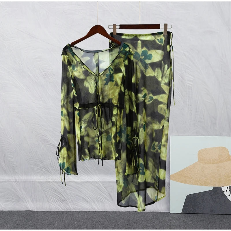 Print Y2K Mesh Long Sleeve Top Shirts Green and Maxi Skirt Bodycon Two Piece Sets Beach Outfits Women Club