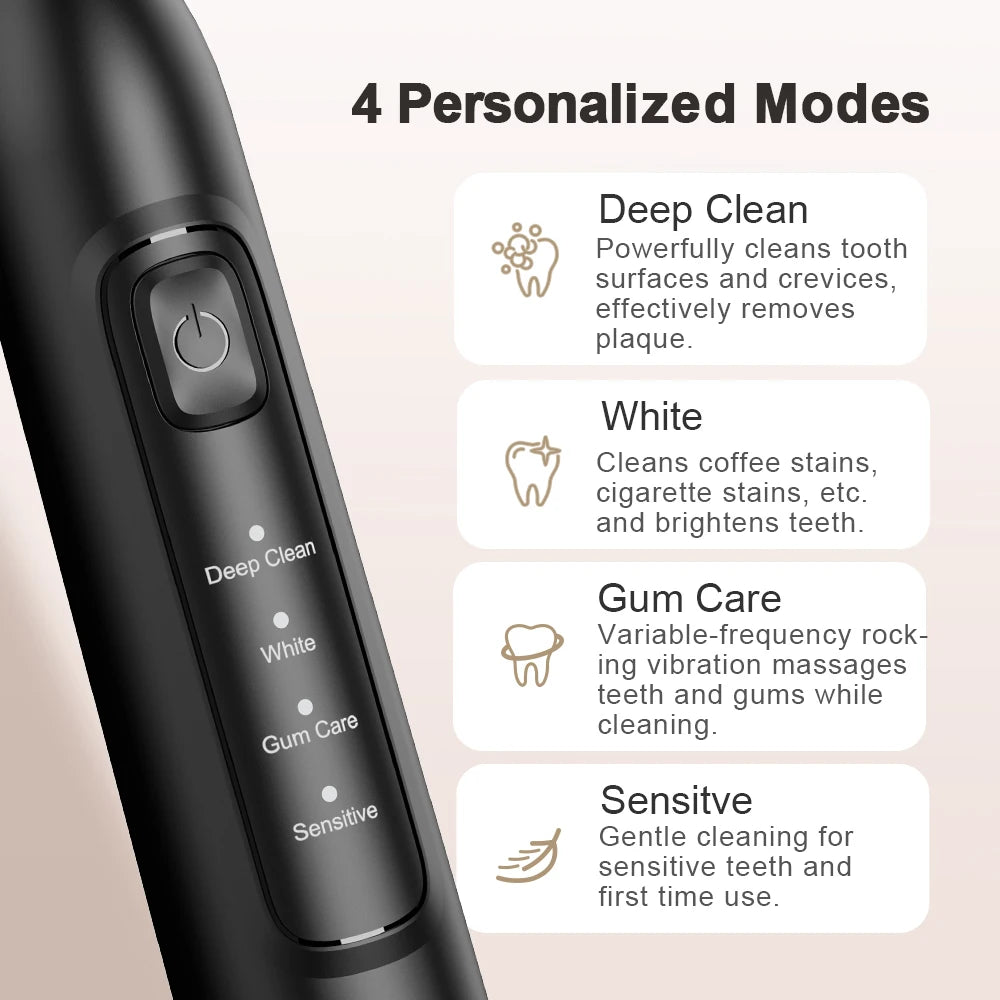 Electric sonic toothbrush with 6 toothbrush heads, USB rechargeable waterproof electric toothbrush, portable for travel
