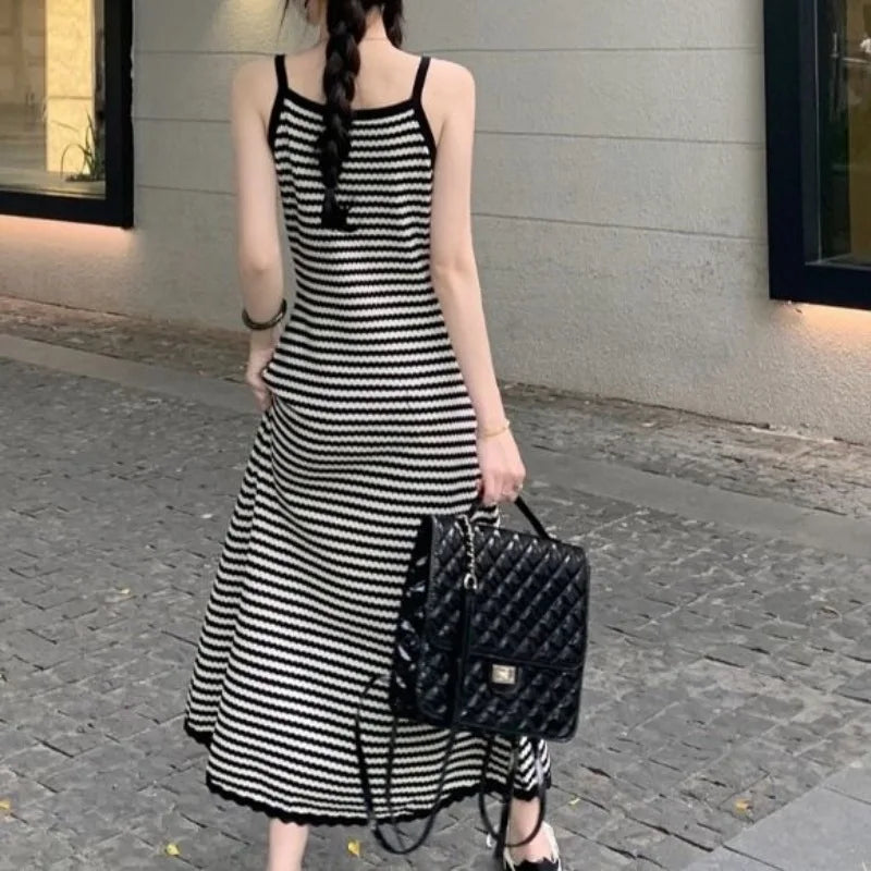 Summer Slimming High Waist V-Ne Wrap Body Lazy Sle Bla Stripe Knitted ter Dr Women Long Dr Trendy