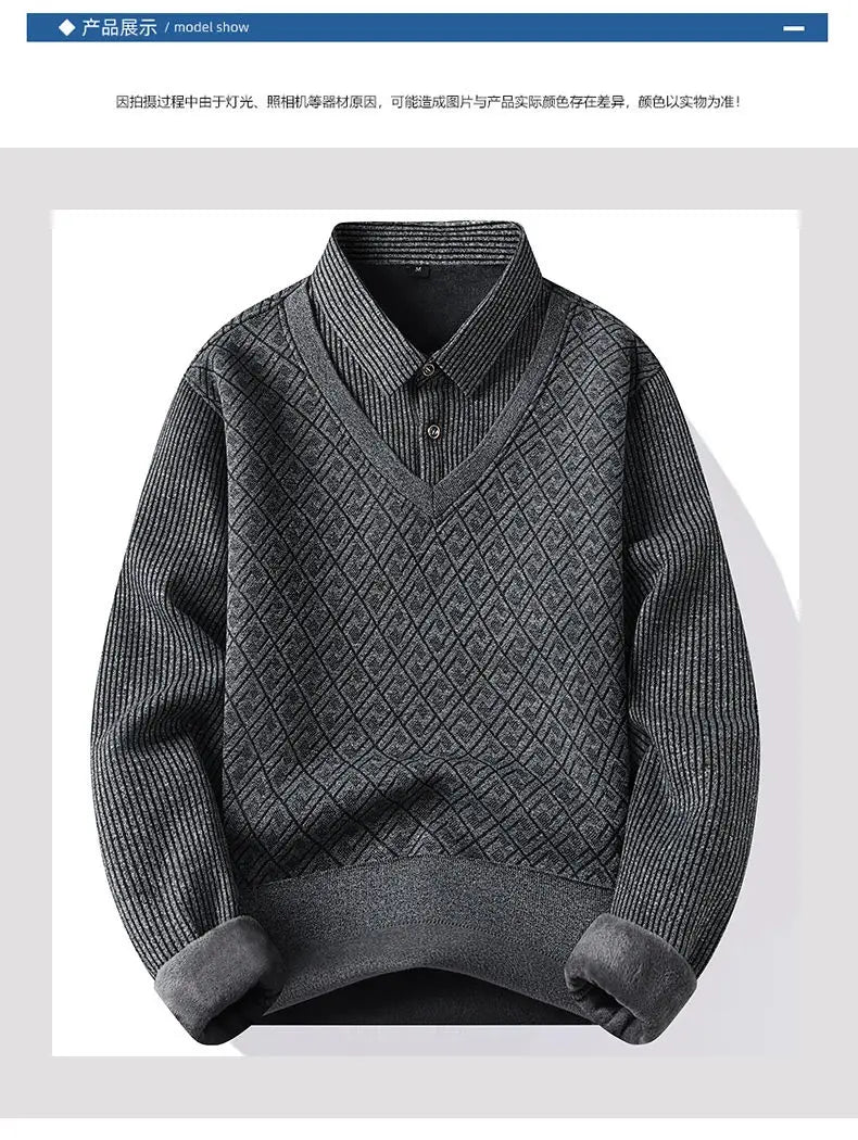 Winter Warm Thick Pullovers Men Polo Neck Fake Two Pieces Sweaters Fashion Casual Striped Fleece Lined Jumper Knitting Sweaters