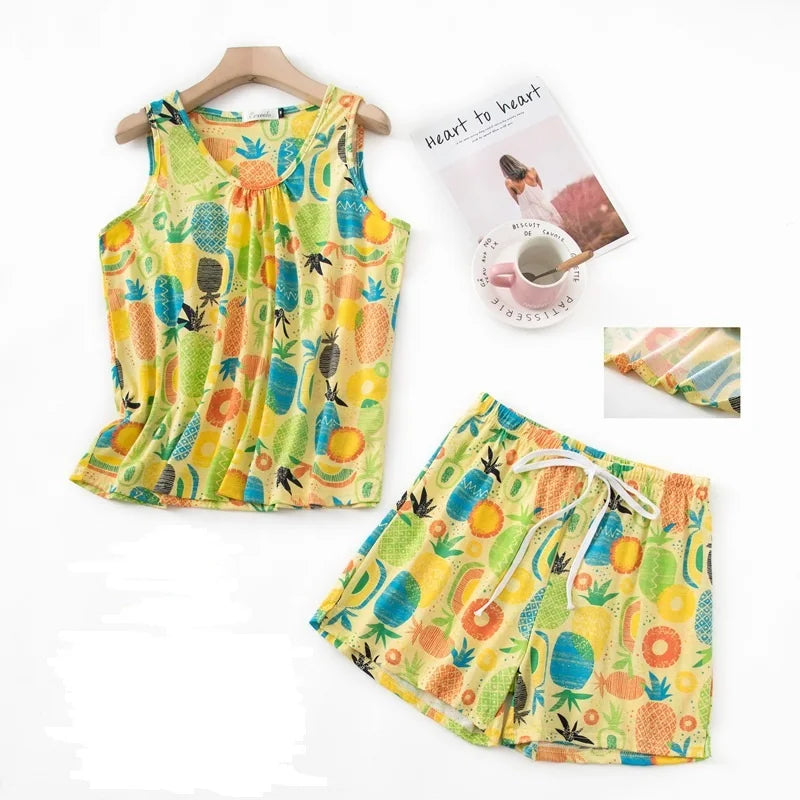 Hzioiys Summer Pajamas Sets Cotton Sleepwear Suit Women Casual Pajama Sets Cartoon Vest Shirt + Shorts Pajamas Suit Plus Size