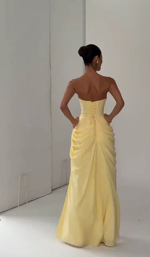 Yellow Strapless Pleated Dress Women Elegant Sexy Sleeveless Waist Cinching Split Maxi Gowns 2026 Lady New Evening Party Dresses
