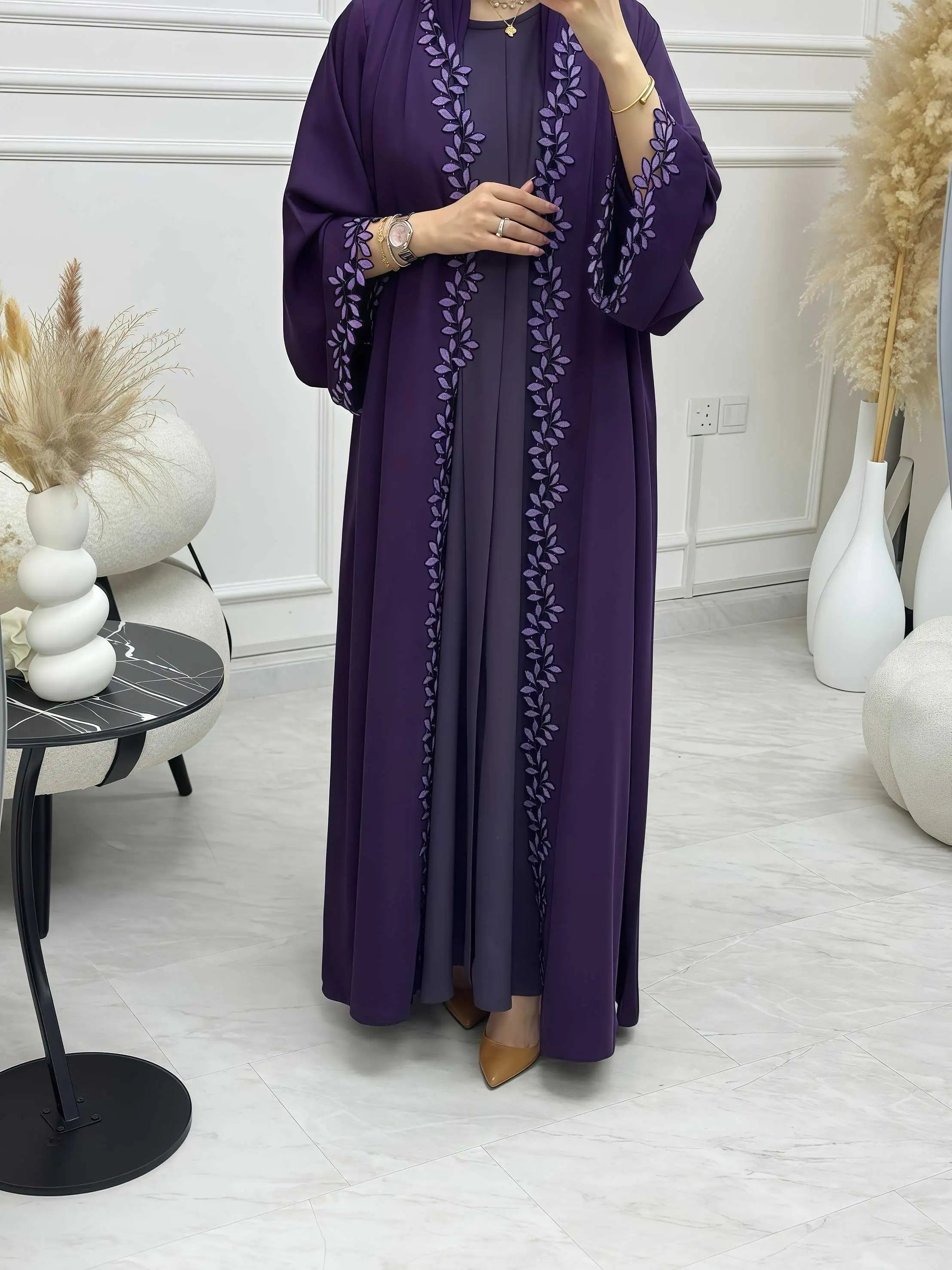 Dubai Elegant  Purple Abaya for Muslim Women - Intricately Crafted with Multicolored Embroidery Piece in Islamic Modest Fashion