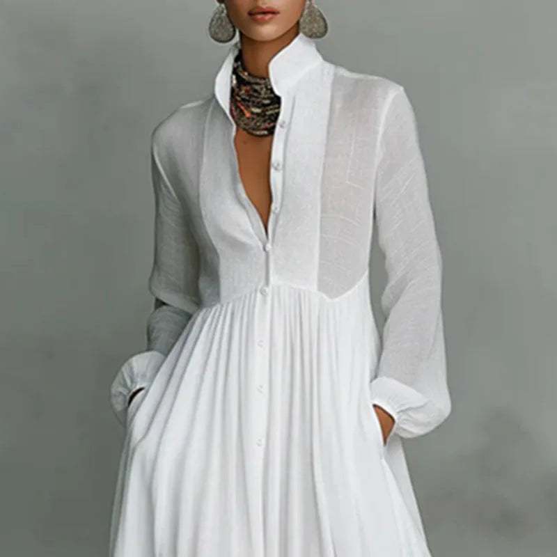 Bohemian Stand Collar Button Maxi Shirt Dress Woman Elegant High Waist Solid Party Dress Spring Long Sleeve Loose Casual Dresses