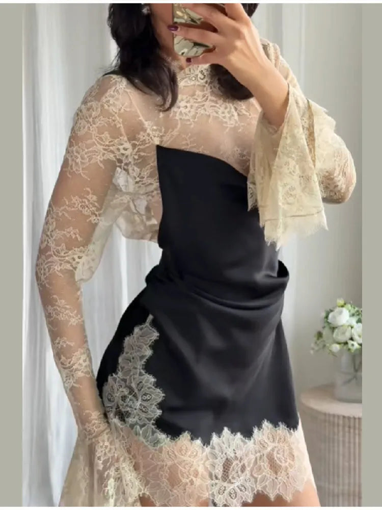 Elegant Fashionable Short Dress Lace Stitching Trendy Stylish Party Dresses Modest Dignified Sweet France Romantic Women Outfit