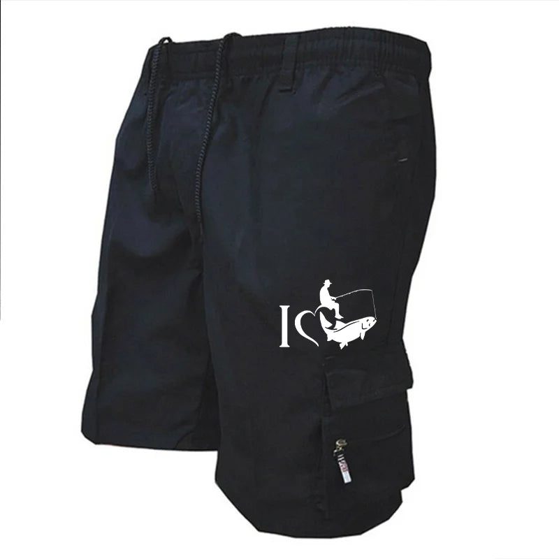 Trendy Mens Bib Shorts Casual Loose Shorts Funny I Love Fishing Printed Drawstring Pocket Shorts Summer Mens Shorts