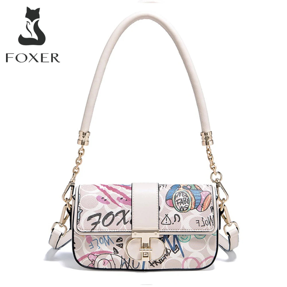 FOXER 2026 Fashion New Women's Underarm Bag PU Leather Graffiti Lady Chain Shoulder Bag Trendy Niche Design Crossbody Bag