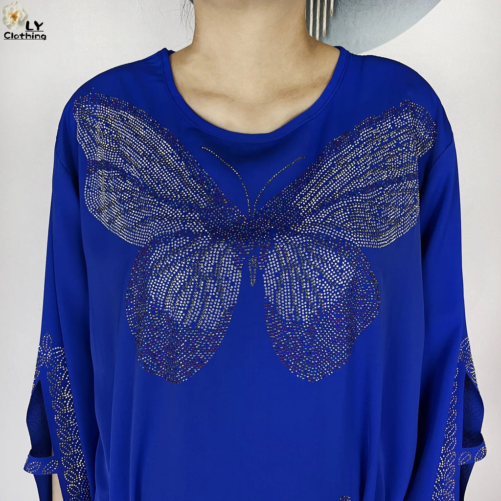 2025New Dubai Muslim Women Elegant Dress African Abaya Loose Butterfly Pattern Diamond Islamic Long Sleeve Turkey Femme Clothing