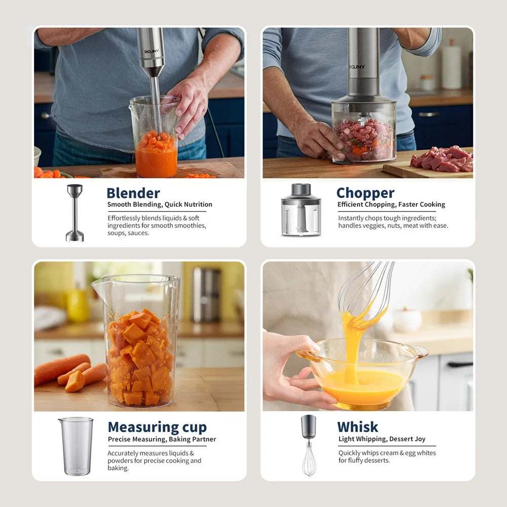 Powerful Immersion Blender,4-in-1 Stainless Steel Stick Baby Food Mixer,700ml Mixing Beaker,500ml Processor,Whisk, MAX 1200W
