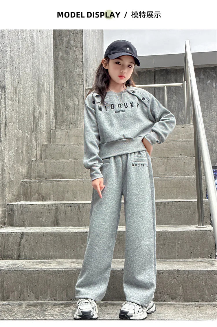 2025 teenager Gray girls Sport Suit winter spring Clothes Long Sleeve sweatshirt & wide leg Pant Casual 4 8 10 11 12 Years