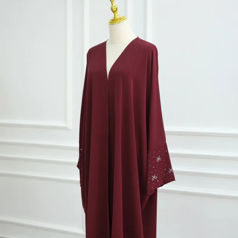 Luxury Dubai Abaya with Beaded Bow Modest Dress for Muslim Women Elegant Open Front Cover Cardigan Fashion Plain Turkey Outfit